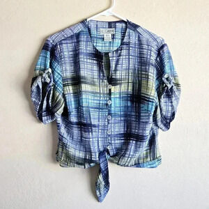 Vintage le caviar blue plaid Tie Front cropped button up blouse size medium